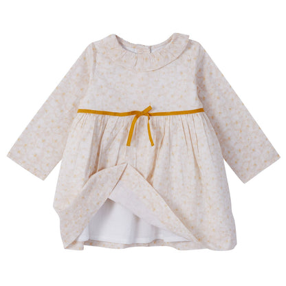 Baby Girls Beige Pansy Printted Dress&Knickers With Mustard Yellow Ribbon