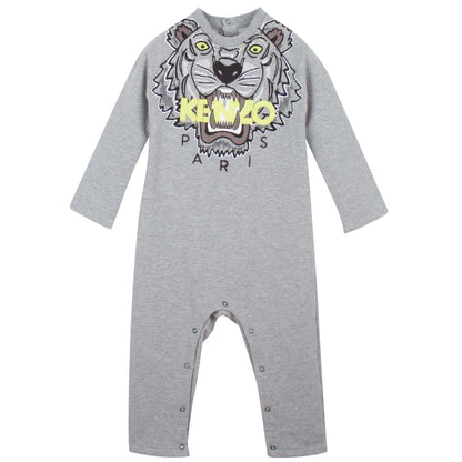 Baby Grey Tiger Embroidered Cotton Jersey  Babygrow