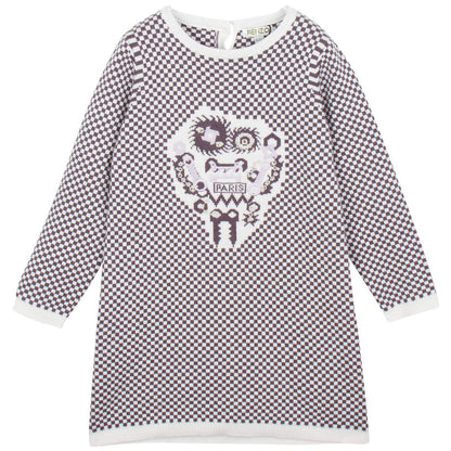 Baby Girls Grey&White Monster Embroidered Kintted Sweater Dress