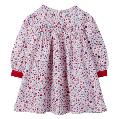 Baby Girls Pink Ditsy Floral Dress With Red Cuffs