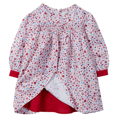 Baby Girls Pink Ditsy Floral Dress With Red Cuffs