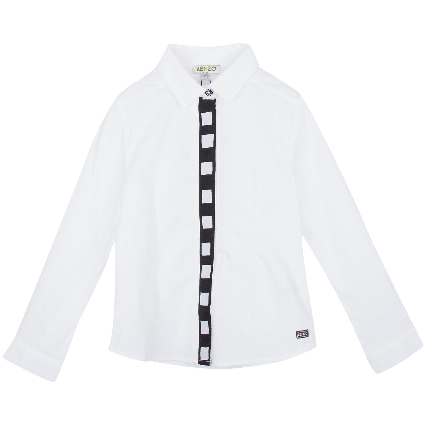 Girls White Cotton Blouse With Black&White Cube Print Buttons