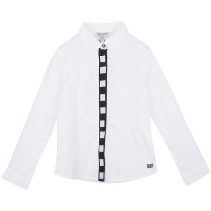 Girls White Cotton Blouse With Black&White Cube Print Buttons