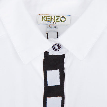 Girls White Cotton Blouse With Black&White Cube Print Buttons