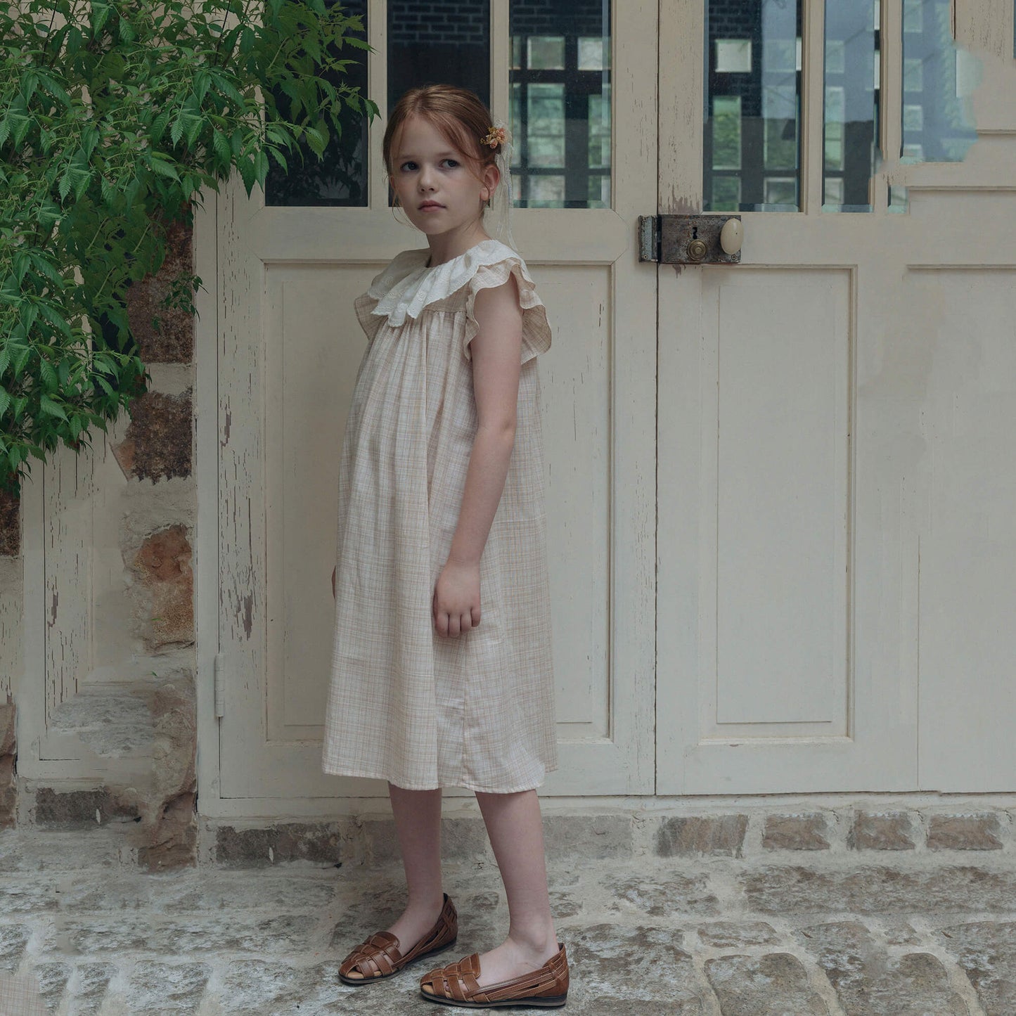 女童米粉色格子棉连衣裙