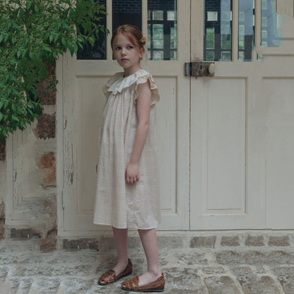 女童米粉色格子棉连衣裙