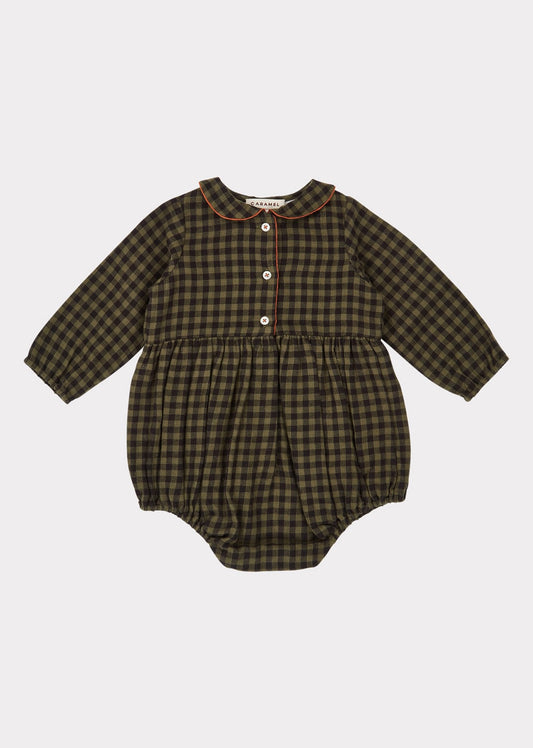 Baby Girls Dark Green Check Cotton Babysuit