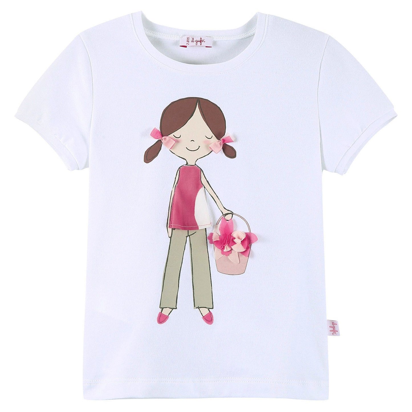 Girls White Cartoon Printed T-Shirt With Red Patch Baskets Trims