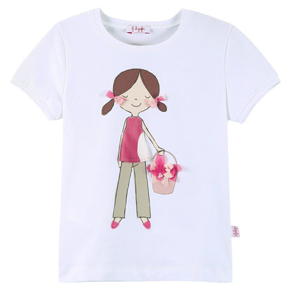 Girls White Cartoon Printed T-Shirt With Red Patch Baskets Trims