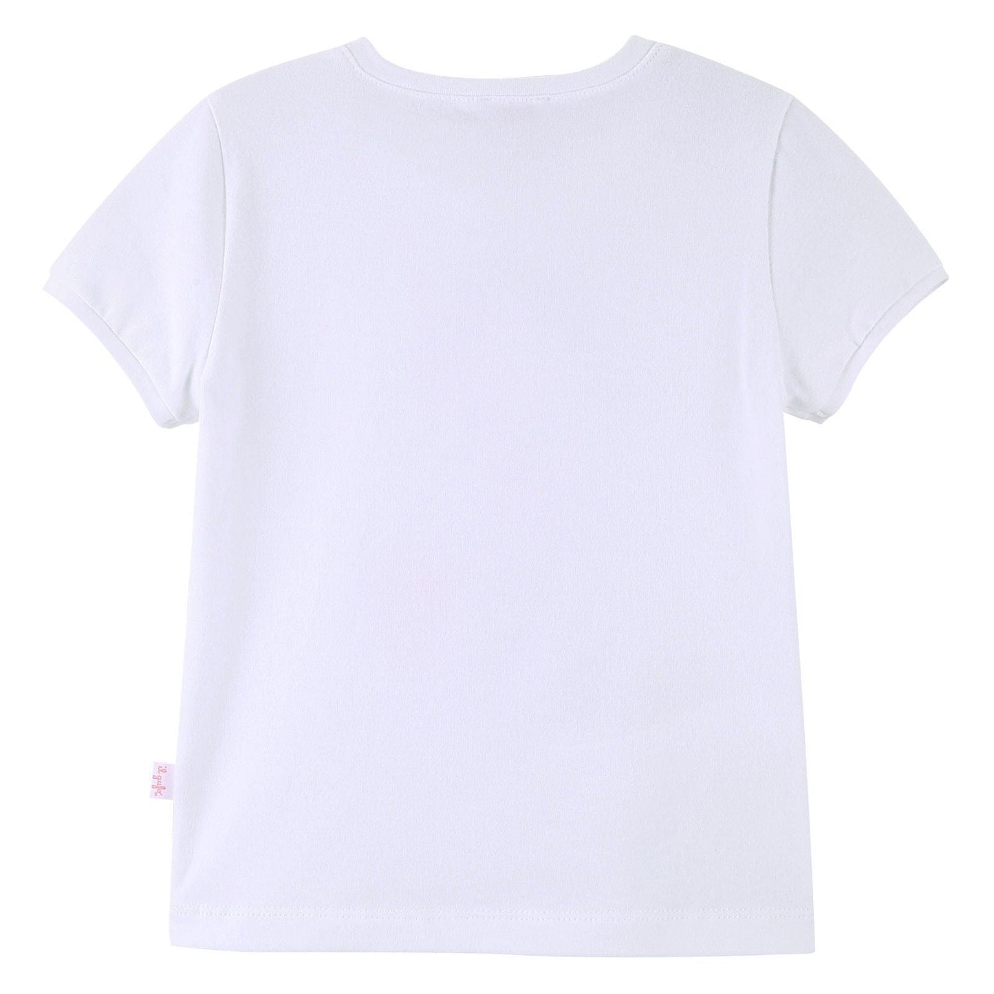 Girls White Cartoon Printed T-Shirt With Red Patch Baskets Trims