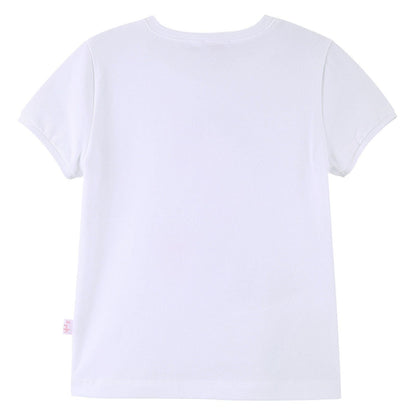 Girls White Cartoon Printed T-Shirt With Red Patch Baskets Trims
