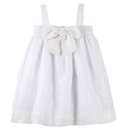 Girls White Linen Sleeveless Dress With Bow Trims