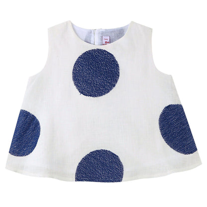 Girls White Linen Sleeveless Blouse With Blue embroidered Trims