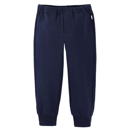 Boys Navy Blue Cotton Trousers With Ribbed Hems