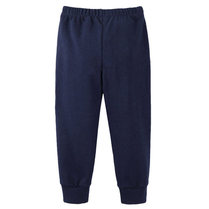 Boys Navy Blue Cotton Trousers With Ribbed Hems
