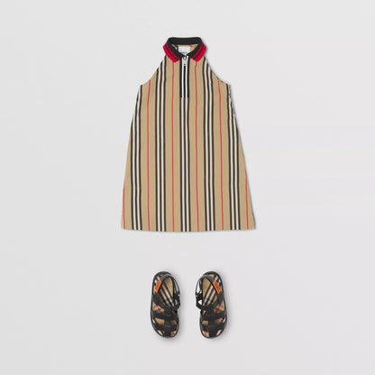 Girls Beige Stripes Cotton Dress