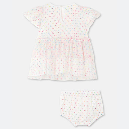 女婴白色圆点薄纱连衣裙套装