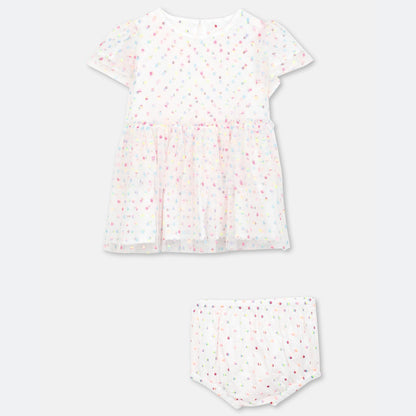 女婴白色圆点薄纱连衣裙套装