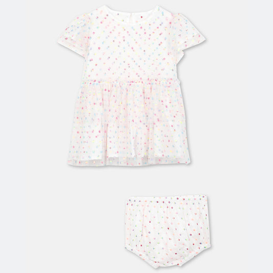 女婴白色圆点薄纱连衣裙套装