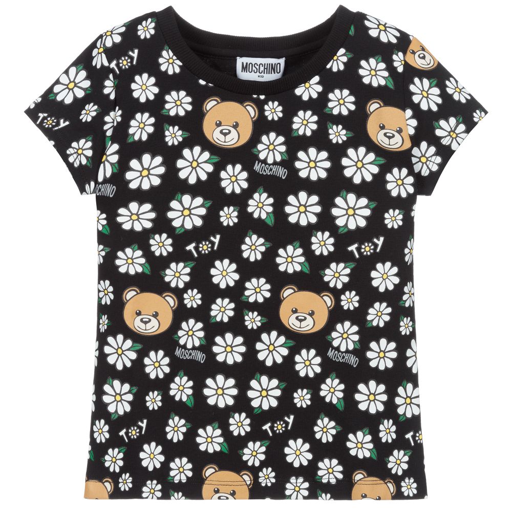 Girls Black Print Cotton T-Shirt