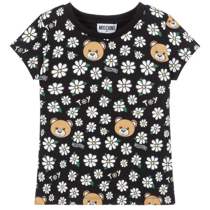 Girls Black Print Cotton T-Shirt