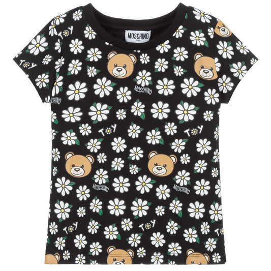 Girls Black Print Cotton T-Shirt