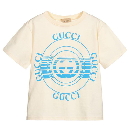 Boys Ivory & Blue Logo Cotton T-Shirt