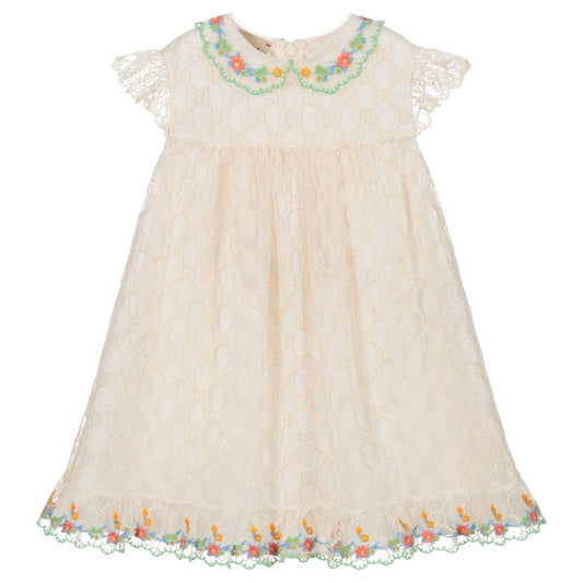 Baby Ivory GG Embroidered Dress