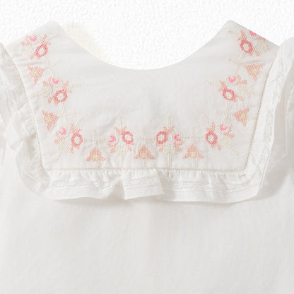 Girls White Ruffle Cotton T-Shirt