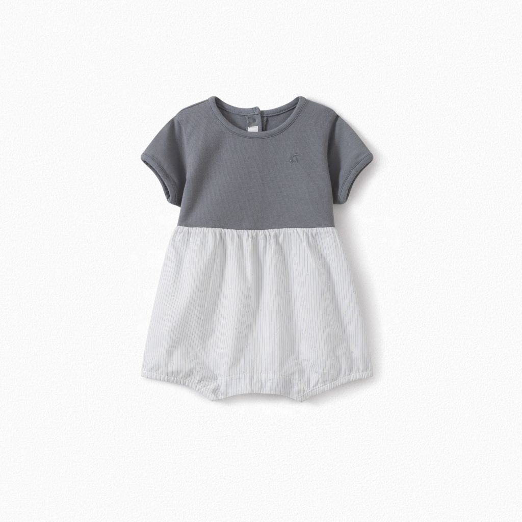 女婴灰色&蓝色条纹棉连体衣