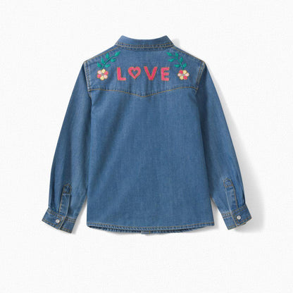 Girls Blue Embroidered Denim Shirt
