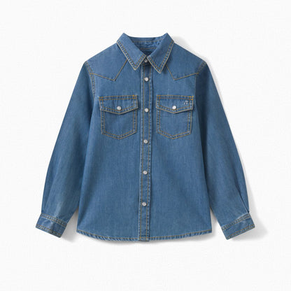 Girls Blue Embroidered Denim Shirt