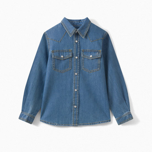 Girls Blue Embroidered Denim Shirt