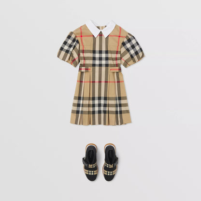 女童米色格子棉连衣裙