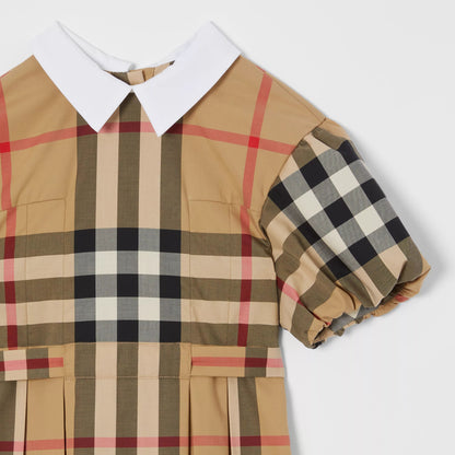 女童米色格子棉连衣裙