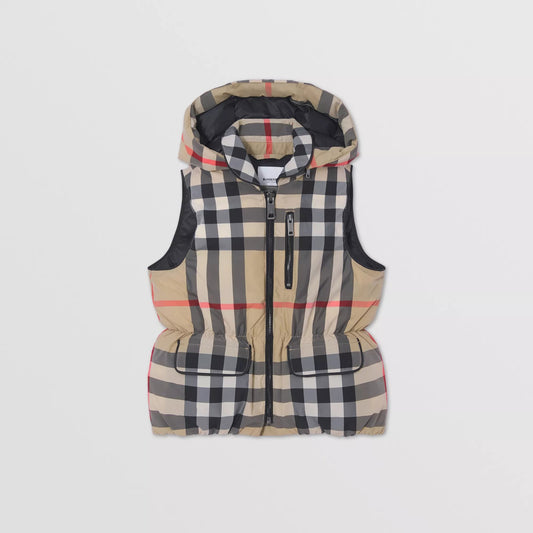 女童米色格子羽绒马甲