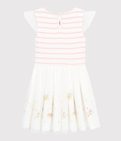 女童粉色条纹棉&薄纱连衣裙