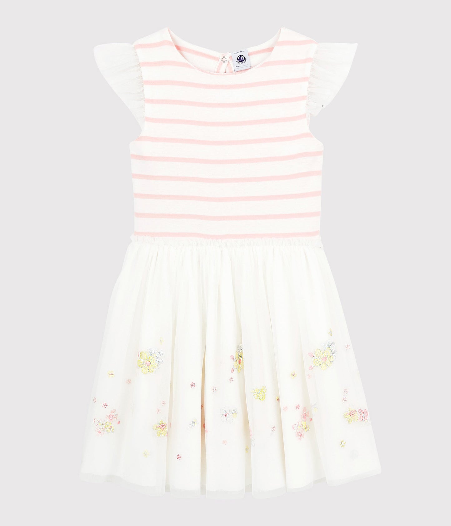 女童粉色条纹棉&薄纱连衣裙