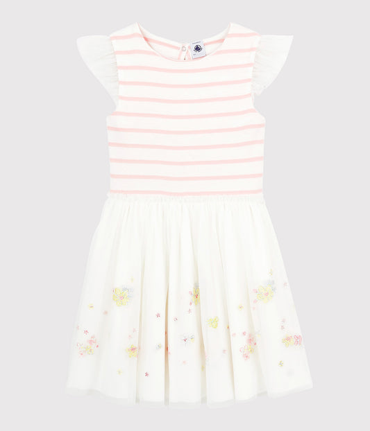 女童粉色条纹棉&薄纱连衣裙