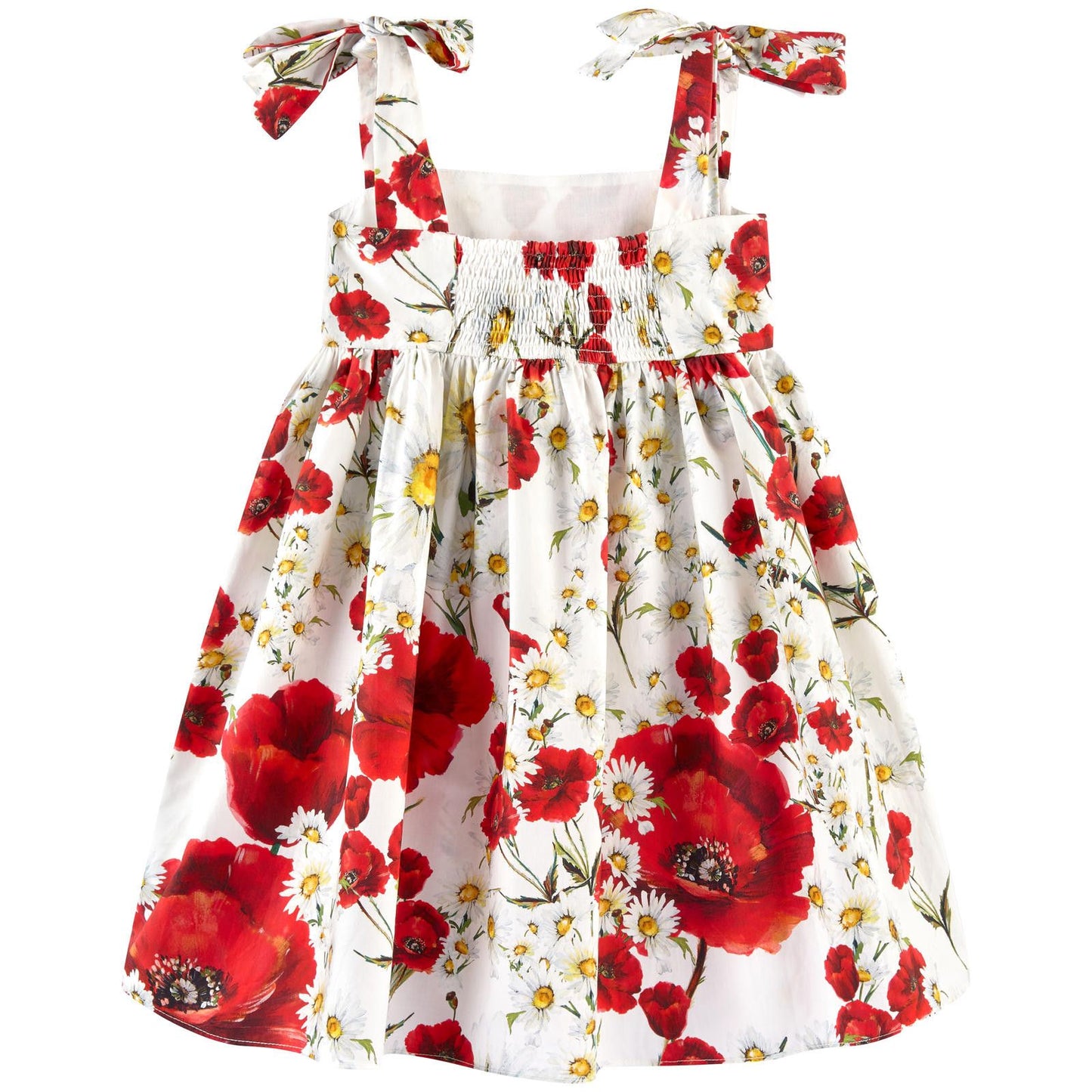 Girls White Cotton Flower Printed Dress With Bow Straps