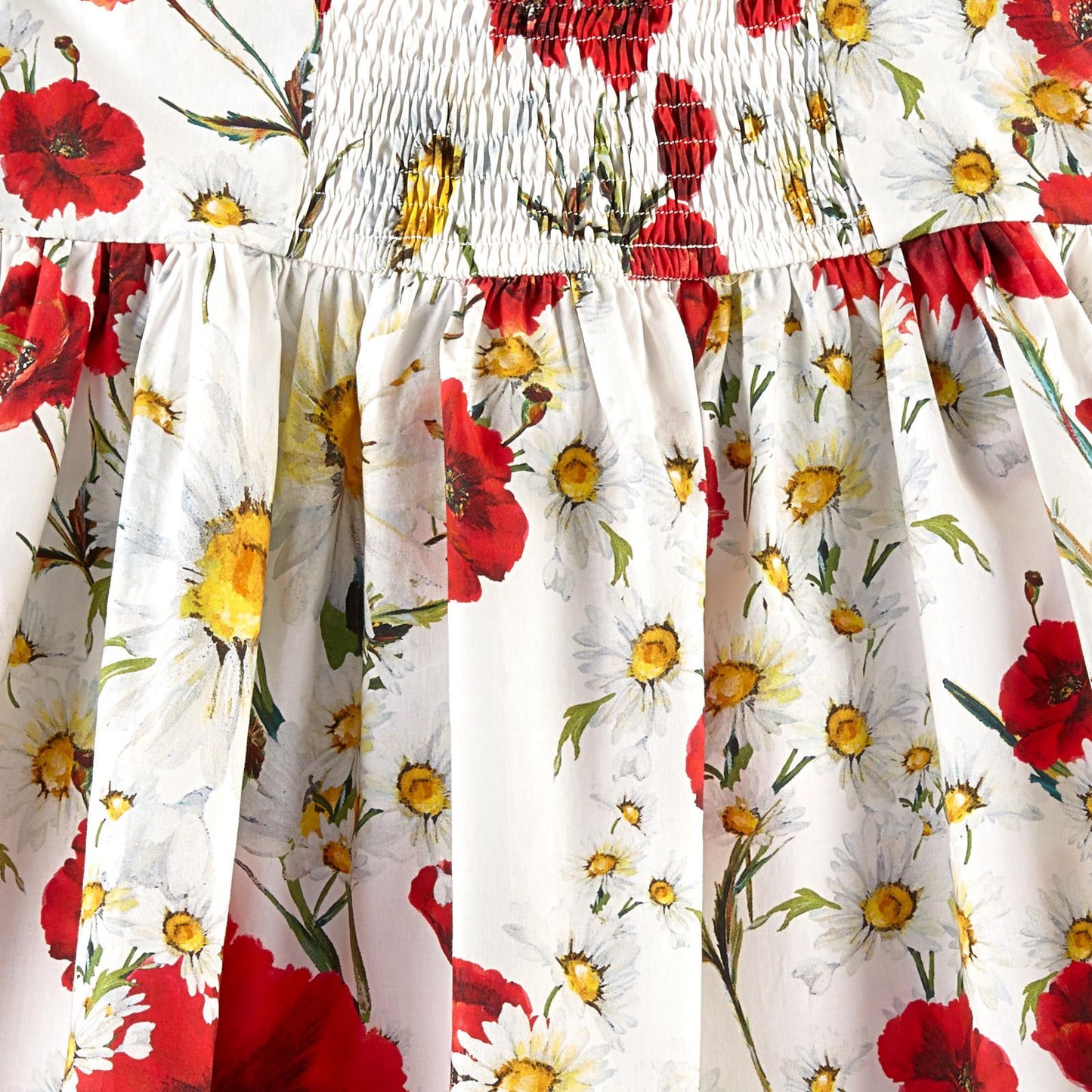 Girls White Cotton Flower Printed Dress With Bow Straps