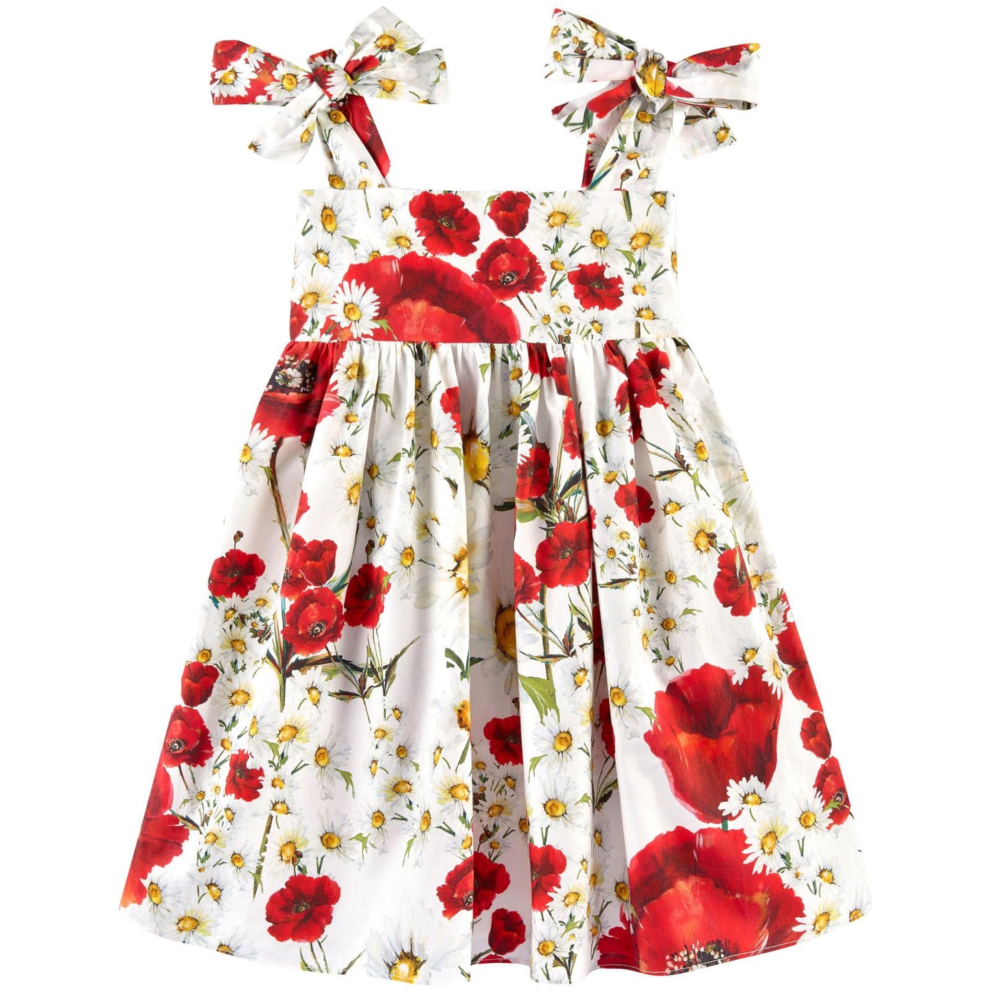 Girls White Cotton Flower Printed Dress With Bow Straps