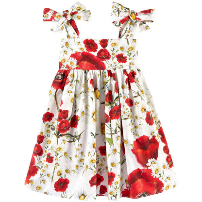 Girls White Cotton Flower Printed Dress With Bow Straps