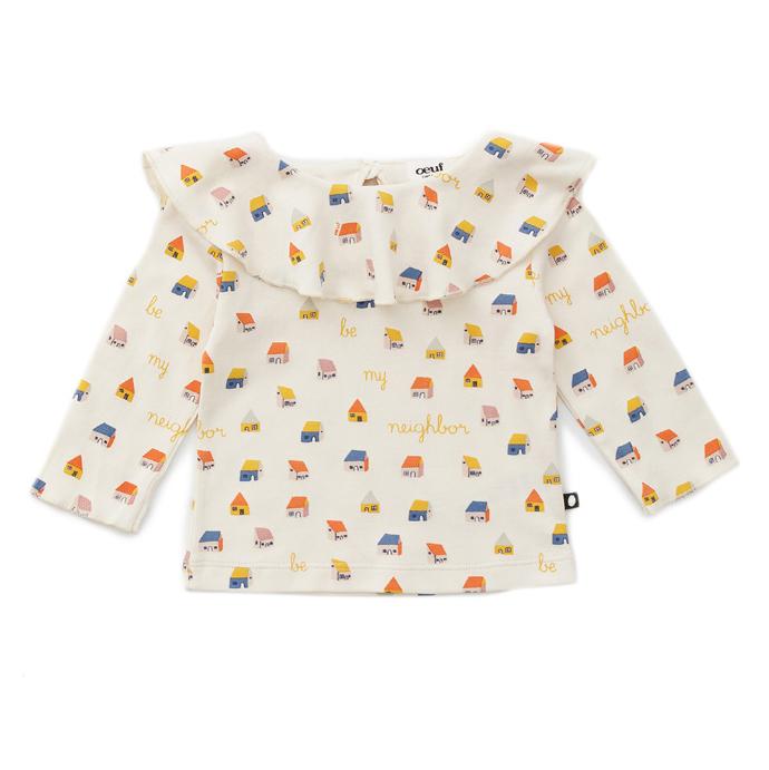 女童白色荷叶边印花棉上衣