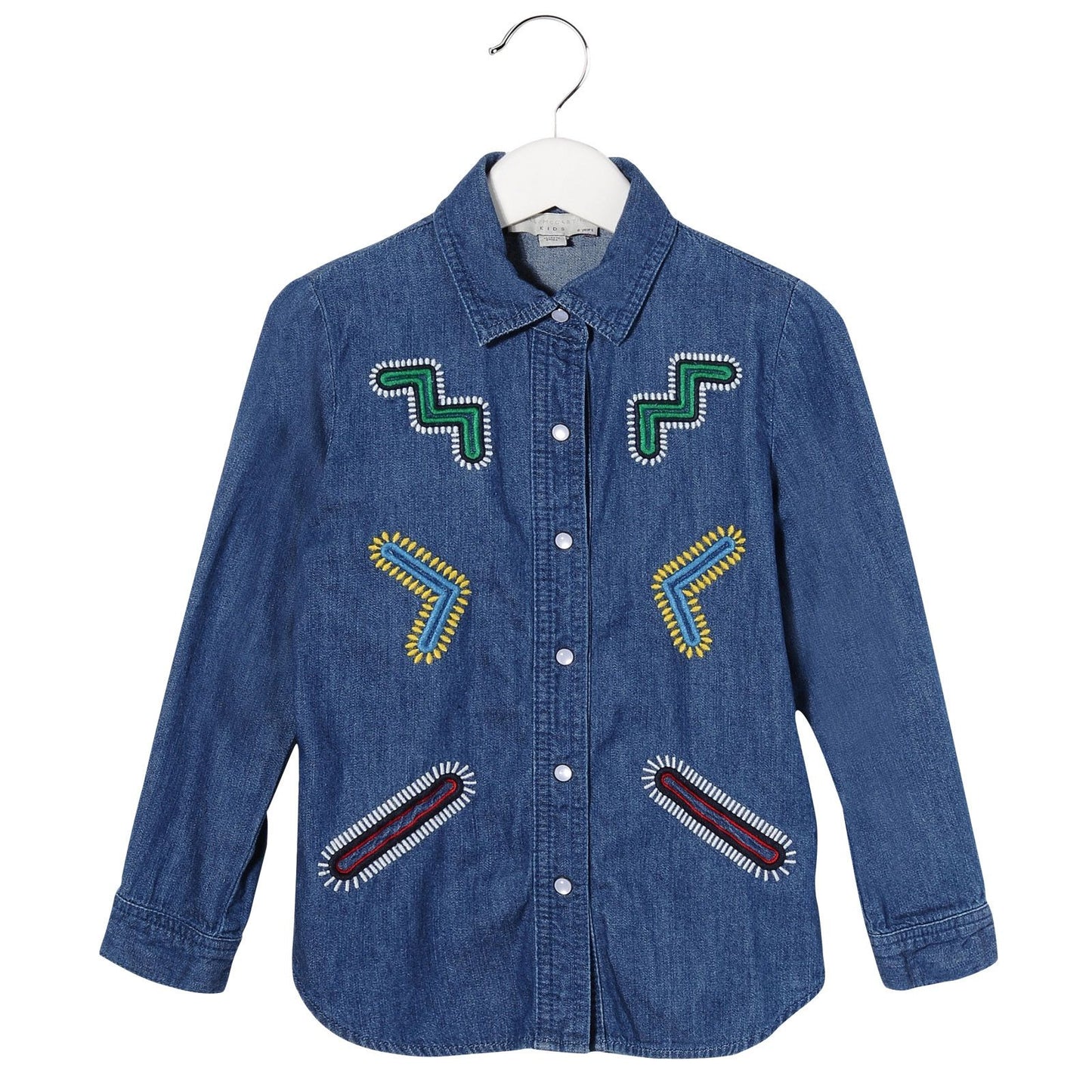 Girls Blue Cotton Denim Blouse With Colorful Zig Zag Embroidered Trims