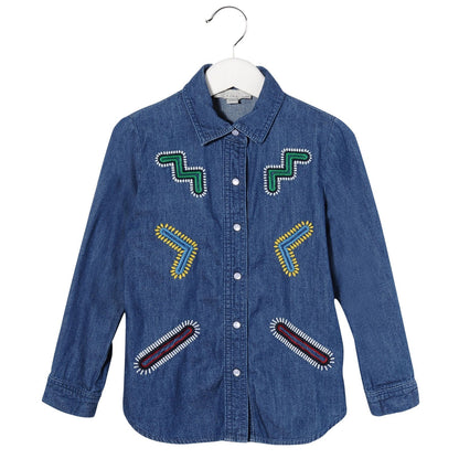 Girls Blue Cotton Denim Blouse With Colorful Zig Zag Embroidered Trims