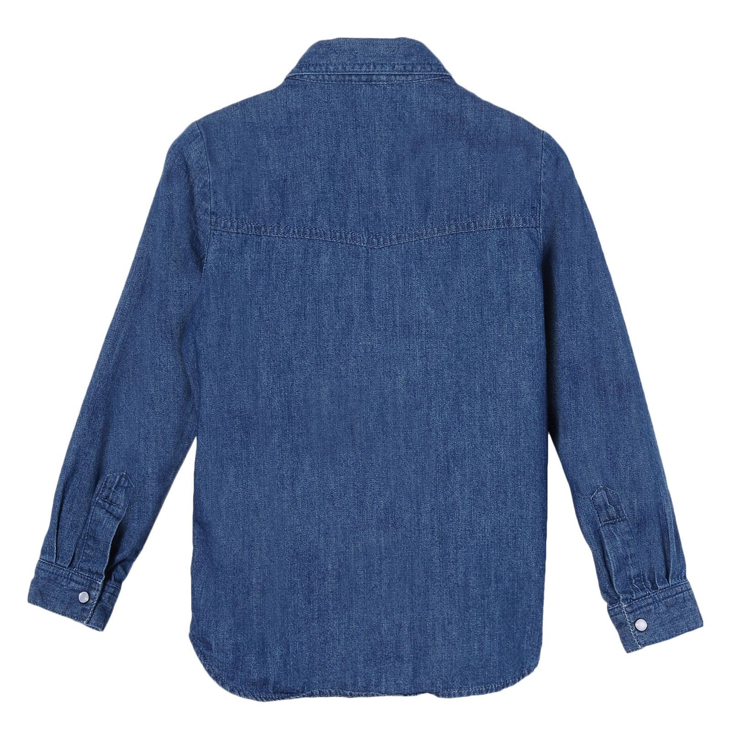 Girls Blue Cotton Denim Blouse With Colorful Zig Zag Embroidered Trims