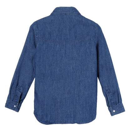 Girls Blue Cotton Denim Blouse With Colorful Zig Zag Embroidered Trims
