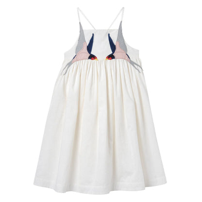 Girls White Cotton Woven Dress With Bird Embroidered Trims