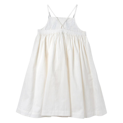 Girls White Cotton Woven Dress With Bird Embroidered Trims